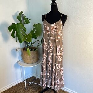 Tan and Cream Pleated Ruffled Maxi Sundress